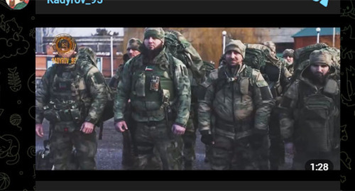 Volunteers from Chechnya had gone to participate in the special military operation in Ukraine. Screenshot of the video https://t.me/RKadyrov_95/1596