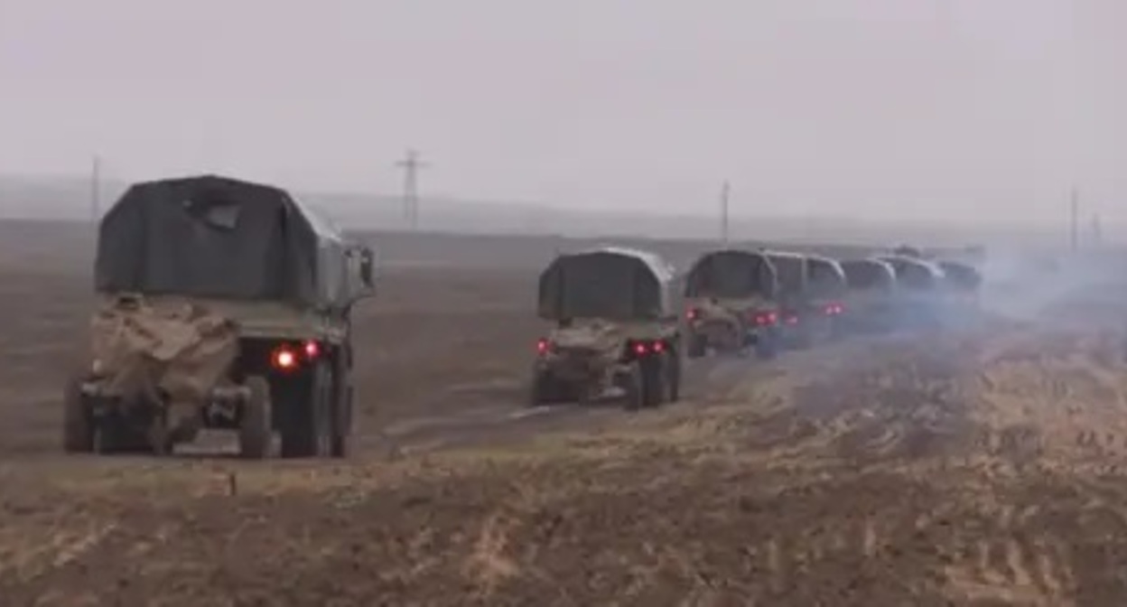 A column of vehicles of the Azerbaijani army. Image made from video posted on the YouTube channel of the Ministry of Defence of Azerbaijan: https://www.youtube.com/watch?v=LvjMoRKDkQc