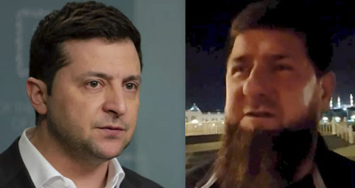 Vladimir Zelensky (on the left) and Ramzan Kadyrov during a video appeal. Screenshot of the video by  Kadyrov_95 Photo: CC BY-SA 4.0 / the Office of the President of Ukraine