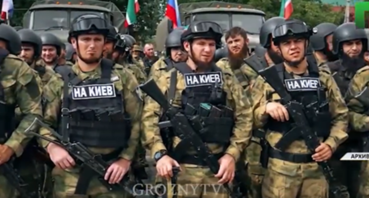 Chechen fighters. Screenshot of the video published on Instagram** of the Grozny TV channel on August 25, 2022, https://www.instagram.com/p/ChrFDGIDtay/