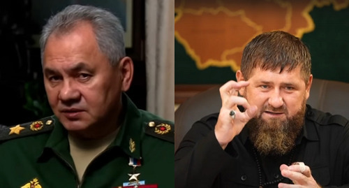 Sergey Shoigu. Screenshot of the video appeal posted on September 21, 2022 on the "Realnoe Vremya" (Real Time) YouTube channel / Ramzan Kadyrov, screenshot of the video posted on his page on the VK on October 3, 2022. Collage by the "Caucasian Knot"