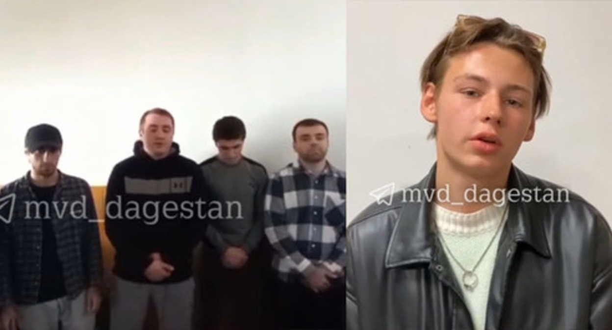 Screenshot of a video with an apology from a foreman of a film crew and extra actors for their trifling video message on behalf of armed members of rural jamaat. Collage by the "Caucasian Knot". Screenshots of the videos https://t.me/mvd_dagestan/2211, https://t.me/mvd_dagestan/2212