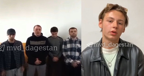 Screenshot of a video with an apology from a foreman of a film crew and extra actors for their trifling video message on behalf of armed members of rural jamaat. Collage by the "Caucasian Knot". Screenshots of the videos https://t.me/mvd_dagestan/2211, https://t.me/mvd_dagestan/2212
