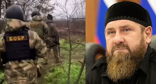 The Batal-Khadji rapid reaction detachment; Ramzan Kadyrov (on the right). Collage by the "Caucasian Knot." Screenshot of the video posted on the Kadyrov_95 Telegram channel. Photo: Grozny Inform