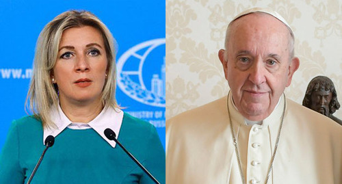 Maria Zakharova and the Pope Francis. Collage by the "Caucasian Knot." Photos: press service of the Russian Foreign Ministry Quirinale.it https://ru.wikipedia.org Maria Zakharova and the Pope Francis. Collage by the "Caucasian Knot." Photos: press service of the Russian Foreign Ministry Quirinale.it https://ru.wikipedia.org