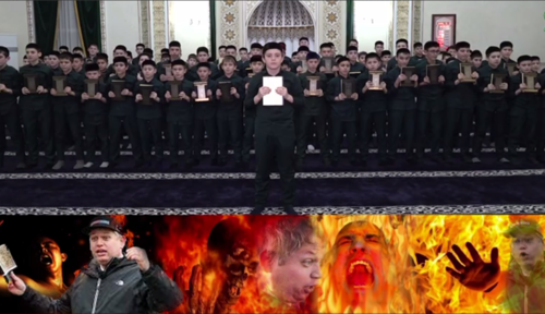 An action with the mass participation of children speaking out in defence of the Koran held in Chechnya. Screenshot of the video posted on Ramzan Kadyrov's Telegram channel https://t.me/RKadyrov_95/3312