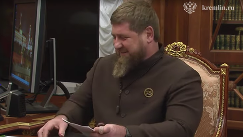 Ramzan Kadyrov at a meeting with President of Russia Vladimir Putin on March 13, 2023. Screenshot of the video posted on the AKIpress news YouTube channel https://www.youtube.com/watch?v=crvY6fuG92U