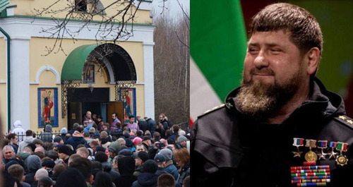 A protest action; Ramzan Kadyrov. Collage by the "Caucasian Knot". Photos: Grozny Inform; screenshot T.ME/KOZHUHOVOPHOTO