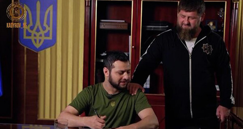 Max KomikadZe, a blogger (on the left), and Ramzan Kadyrov. Screenshot of a parody video clip about Ukrainian President Vladimir Zelensky, posted on the Telegram channel Kadyrov_95