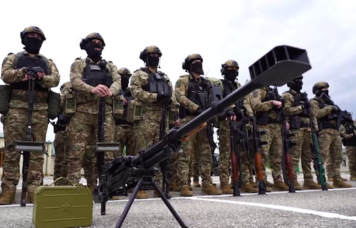 The "Akhmat-Grozny" OMON (riot police) Unit lined up. Screenshot of the video published on Ramzan Kadyrov's Telegram channel on May 13, 2023, https://t.me/RKadyrov_95/3629