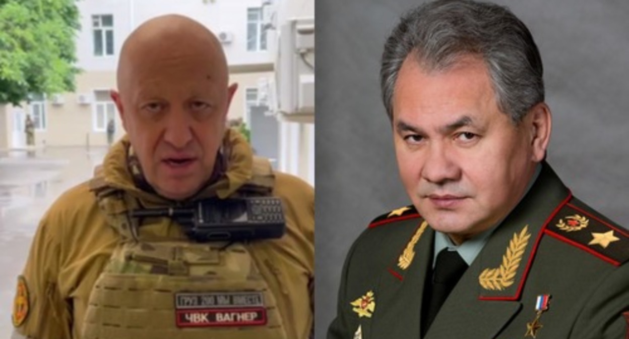 Prigozhin and Shoigu. Collage by the "Caucasian Knot." Screenshot of the photo https://мультимедиа.минобороны.рф/multimedia/photo/gallery.htm?id=18341@cmsPhotoGallery and still of the video https://t.me/Prigozhin_hat/3811