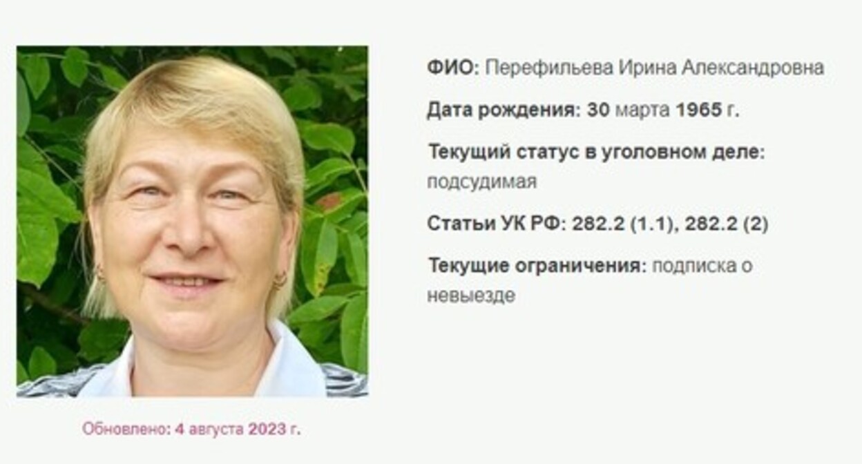 Irina Perefilyeva. Screenshot of the page from the website containing information about criminal cases against Russian Jehovah's Witnesses*