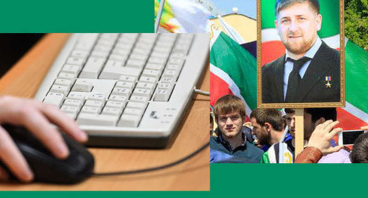 Keyboard, residents of CHechnya with Kadyrov's portrait. Collage by the "Caucasian Knot." Photo by Magomed Magomedov for the "Caucasian Knot", Yelena Sineok, Yuga.ru