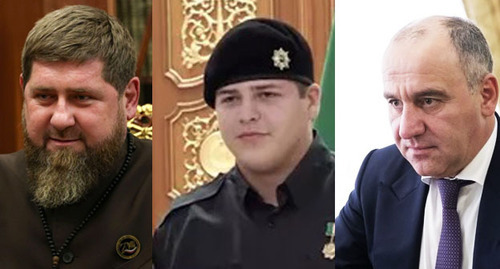 Ramzan Kadyrov, Adam Kadyrov and Rashid Temrezov (from left to right). Photo: press service of the Chechen government, collage by the "Caucasian Knot." Photo: Kremlin.ru, press service of the Russian Presidential Envoy in the North Caucasus Federal District SKFO.gov.ru