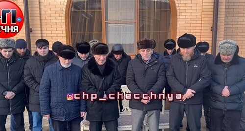 Screenshot of a video with apologies from relatives of man suspected of Gakaev’s murder from the Telegram channel of the “ChP Chechnya” public