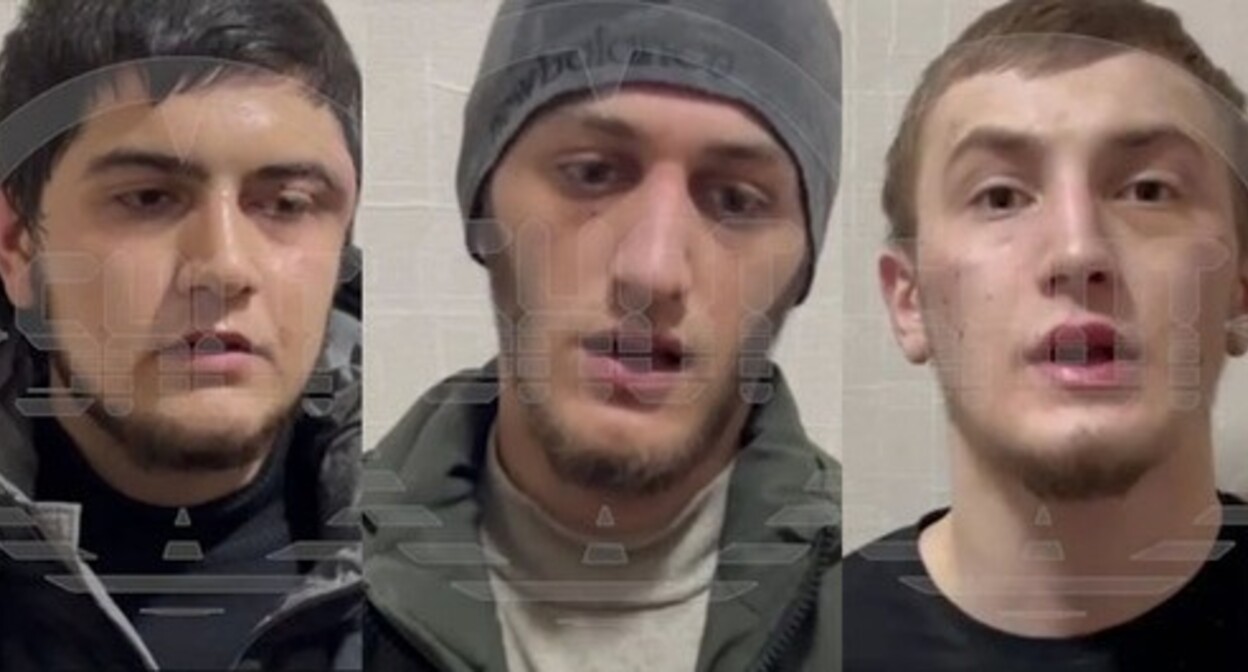 Three participants in a mass brawl in Nevinnomyssk have apologized to the participant in the special military operation (SMO) in Ukraine. Collage by the "Caucasian Knot". Screenshot of a video https://t.me/bloknot_stavropol/18838
