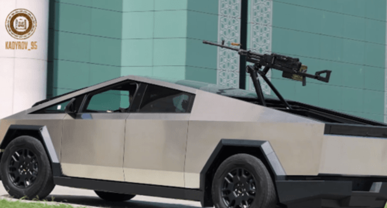 The Cybertruck Tesla car with a machine gun. Screenshot of a video posted on Ramzan Kadyrov's Telegram channel on August 17, 2024 https://t.me/RKadyrov_95/4999