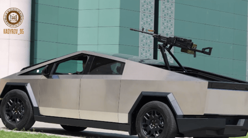 The Cybertruck Tesla car with a machine gun. Screenshot of a video posted on Ramzan Kadyrov's Telegram channel on August 17, 2024 https://t.me/RKadyrov_95/4999