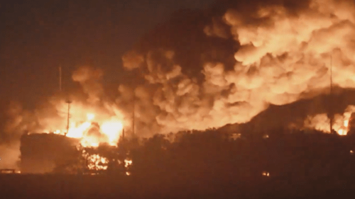 A fire burning at an oil depot in Proletarsk. Screenshot of a video https://www.rbc.ru/politics/22/08/2024/66c6eac49a7947abffc5660b A fire burning at an oil depot in Proletarsk. Screenshot of a video https://www.rbc.ru/politics/22/08/2024/66c6eac49a7947abffc5660b