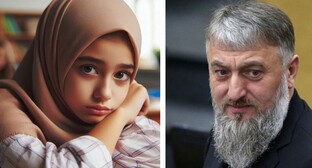 A girl wearing hijab and Adam Delimkhanov. Collage by the "Caucasian Knot". Photo: Grozny Inform https://www.grozny-inform.ru/ Picture generated from Copilot