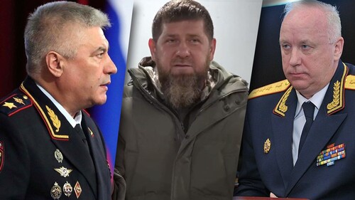 Vladimir Kolokoltsev, Ramzan Kadyrov and Alexander Bastrykin. Collage by the "Caucasian Knot". Photos: http://kremlin.ru Screenshot of a video: https://t.me/RKadyrov_95