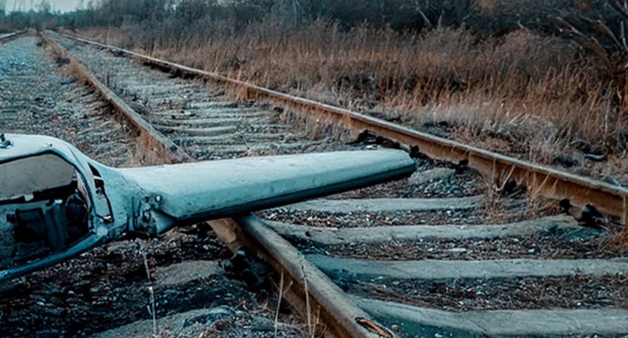 UAV wreckage on the railway. Illustration created by "Caucasian Knot" using AI in Photoshop UAV wreckage on the railway. Illustration created by "Caucasian Knot" using AI in Photoshop