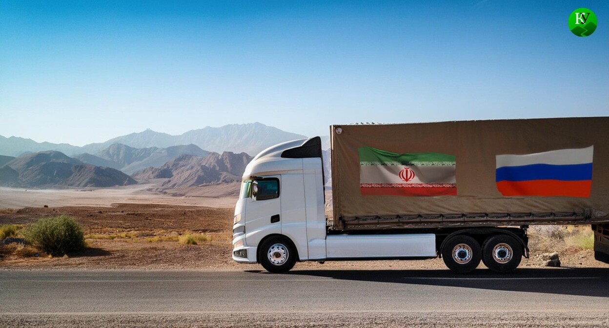 A truck with the flags of Iran and Russia. Illustration created by the "Caucasian Knot" using AI in Photoshop. A truck with the flags of Iran and Russia. Illustration created by the "Caucasian Knot" using AI in Photoshop.