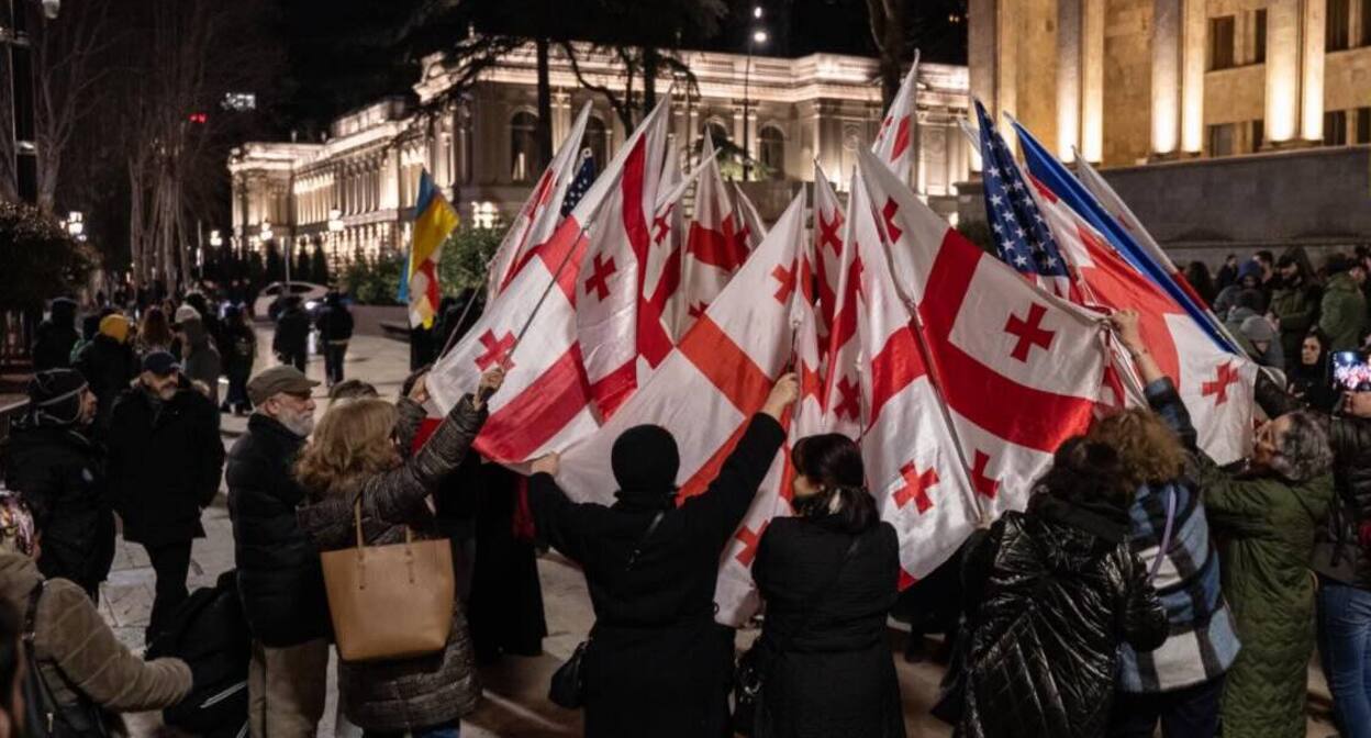 Protesters on Rustaveli Avenue, March 12, 2026. Photo: Mariam Kavshbaia / Publika Protesters on Rustaveli Avenue, March 12, 2026. Photo: Mariam Kavshbaia / Publika